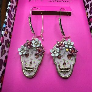 Betsey Johnson Halloween Floral Skull Earrings in Pink and Gold
